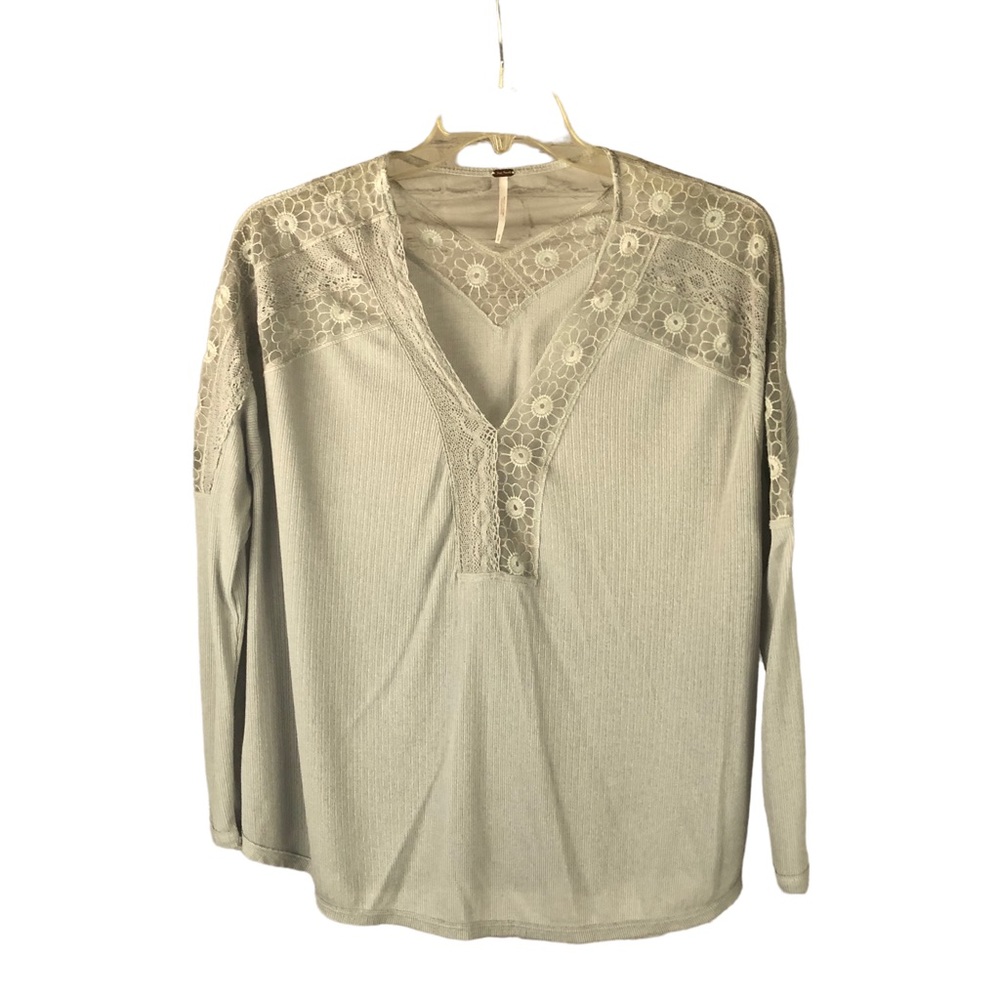 Women's Free People Lola Lace Trim Sage Green Ribbed Long Sleeve Top. Size M